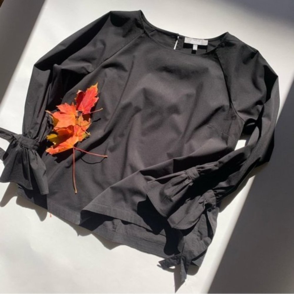 Black Cotton Blend Puff Sleeve Shirt / Blouse with Back Slit Size Large